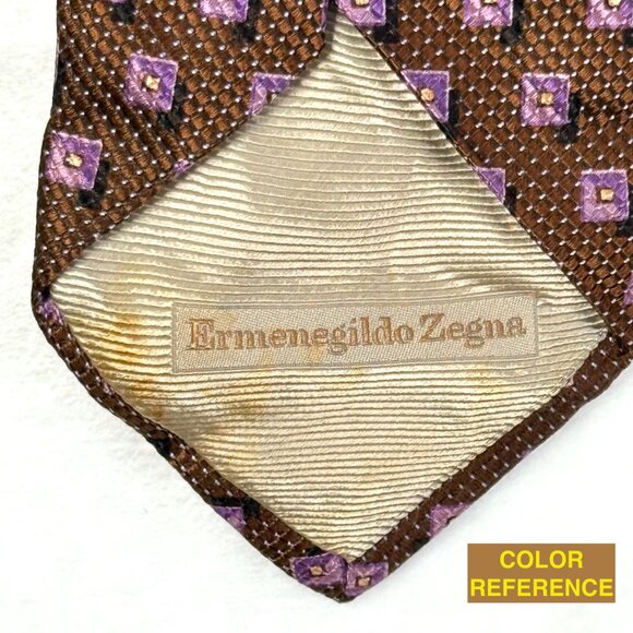 Ermenegildo Zegna 100% Silk Necktie Brown Purple Geometric Square Pattern Design - Picture 2 of 4